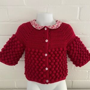 Classic Handmade Red Crocheted Bobble Stitch Baby Cardigan Size 6-9 Months